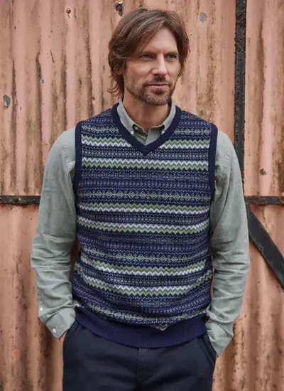 Mens Wool Jacquard Pattern Fairisle Slipover Sweater in Blue Combo